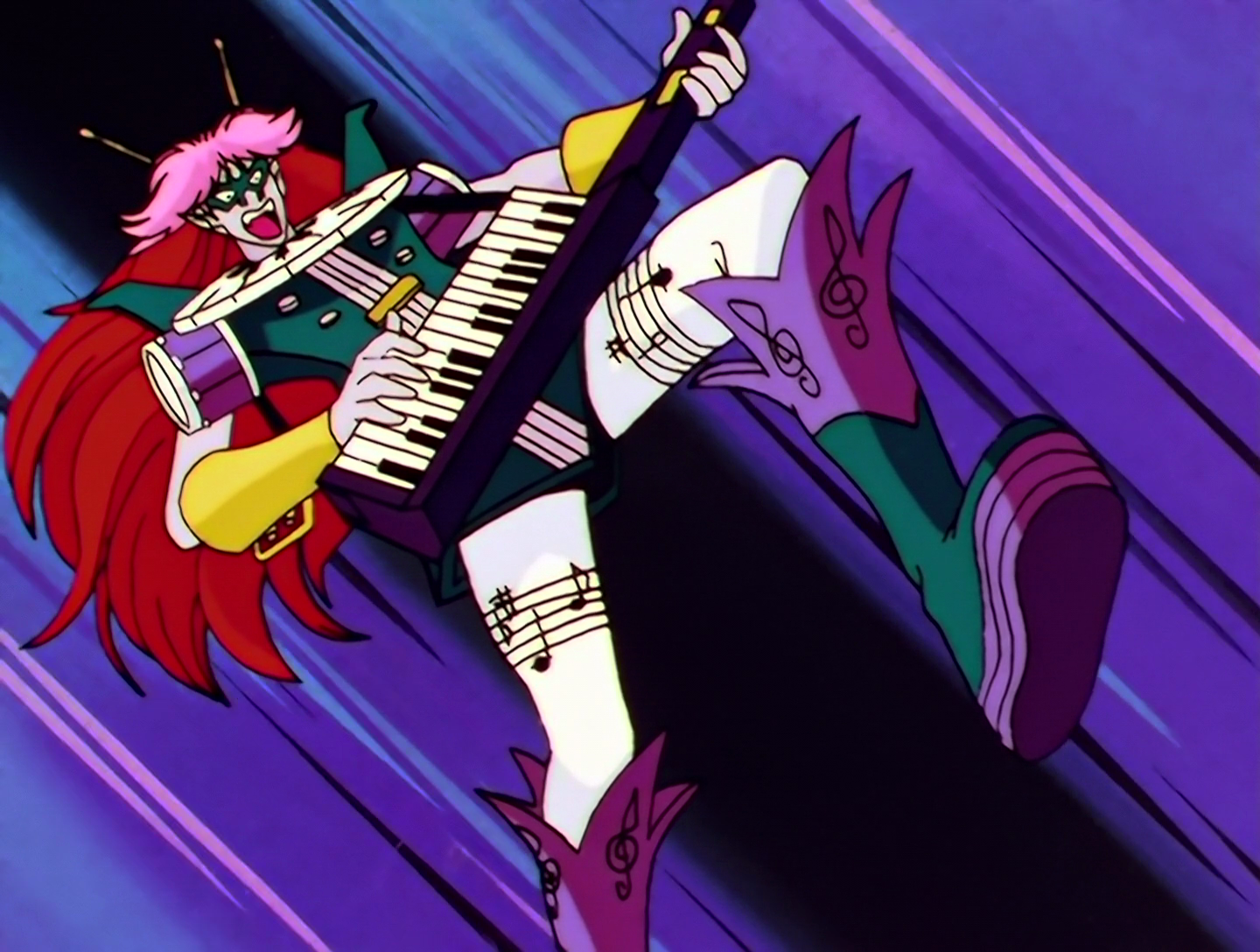 Sailor Musician, a Phage from Sailor Moon episode 192. How many different musician-themed items can you fit into a single character design? Let’s find out! Sailor Musician has pale white skin, long pink hair, and wears a teal domino mask. He’s holding a keytar-shaped weapon, and he has antennae shaped like drumsticks. His outfit resembles the body of a teal electric guitar, with a ruff patterned like piano keys, drum shoulder pads, and trumpets for sleeves. He has white leggings covered in sheet music and his purple and teal boots are decorated with treble clefs.